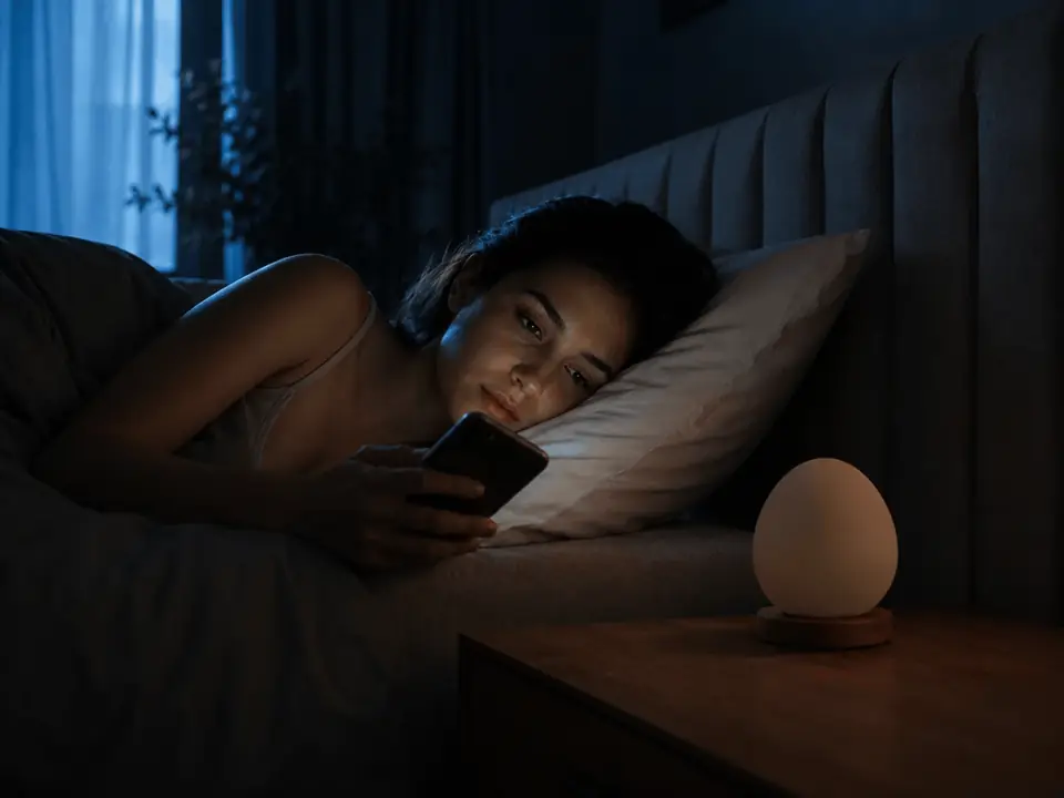 Phone glow in a dark bedroom before the room lighting changes
